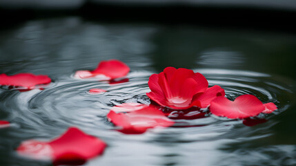 Flower petals floating on still water.


