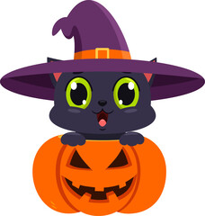 Cute Halloween Witch Black Cat Cartoon Character In Pumpkin. Vector Illustration Flat Design Isolated On Transparent Background