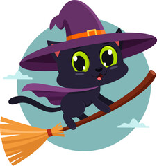 Cute Halloween Witch Black Cat Cartoon Character Flying On A Broom Stick. Vector Illustration Flat Design Isolated On Transparent Background