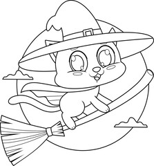 Outlined Cute Halloween Witch Black Cat Cartoon Character Flying On A Broom Stick. Vector Hand Drawn Illustration Isolated On Transparent Background