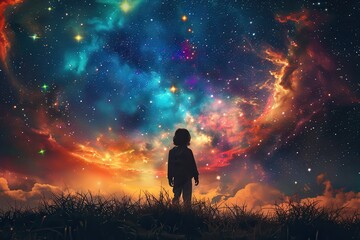 A young girl stands in a field of grass, looking up at the sky