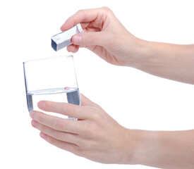 Female hand holding glass of water powder medicine