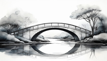 Minimalist ink sketch of bridge arching over quiet river. Watercolor washes. Monochrome style.