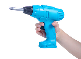 Children's toy screwdriver in hand on white background isolation