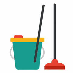 Mop and Bucket Vector Illustration on White Background for Cleaning Graphics