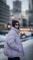 Woman wearing a oversized lavender down jacket and sunglasses, walking on a snowy street in an urban environment. Concept of winter fashion and street style.