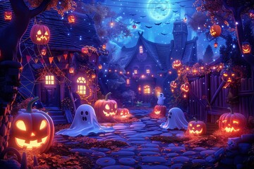 A Halloween scene with ghosts and pumpkins