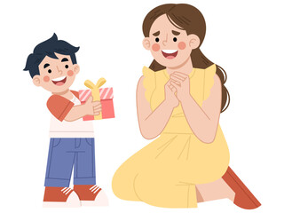 Vector illustration of a boy giving a gift to his mother