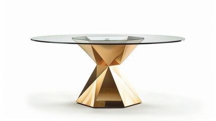elegant glass dining table with a circular tempered glass top and a geometric gold metal base