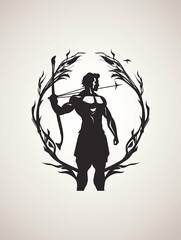 Fototapeta premium Silhouette of a Muscular Archer with Bow and Arrow within a Floral Circle