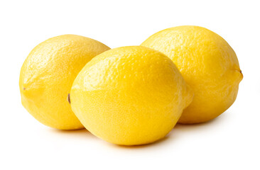 Side view of fresh yellow lemon fruits in stack isolated on white background with clipping path