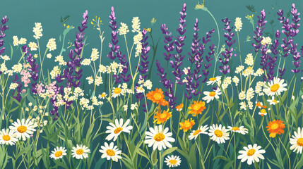 Vibrant wildflowers and herbs create beautiful pattern, featuring lavender, chamomile, and daisies, evoking sense of tranquility and natural beauty
