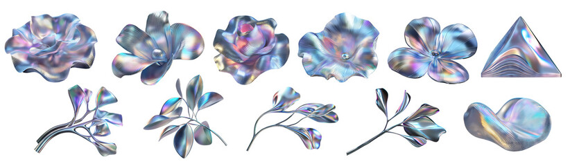 PNG set, holographic metallic flower petals, abstract plant leaves and geometric shapes with iridescent futuristic texture, 3D rendering digital art, 3D shapes set