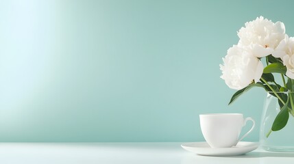 Elegant Pastel Still Life with Porcelain Tea Cups and Delicate Peonies - Serene Composition with Soft Lighting and Gradients for a Calming Ambiance