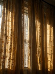 Naklejka premium Soft golden curtains glowing with morning sunlight.