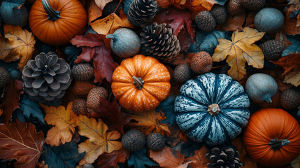 Autumn display with pumpkins, pinecones, and leaves for Thanksgiving