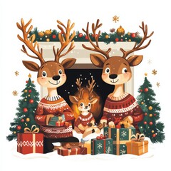 A joyful family of reindeer dressed in festive Christmas sweaters gathers around a fireplace, excitedly unwrapping gifts while celebrating the holiday spirit