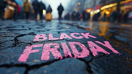 A close-up of a pink Black Friday inscription on the asphalt against a background of blurred people with colorful bags. The concept of discounts and sales