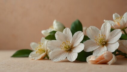 Soft white flowers on a light peach background for a serene look.