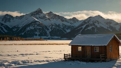 Solitary cabin lit by the sun with snowy mountains behind.
