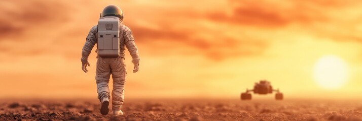 Back view of a space suit-clad astronaut strolling across a red planet's surface.