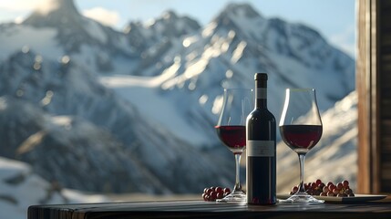 Scenic Mountain Lodge with Wine and Glasses Overlooking Snowy Peaks