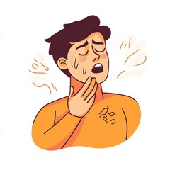 Fototapeta premium The illustration depicts a person with a pained expression, coughing and holding their chest. Motion lines convey the intensity of the cough in a clean vector style