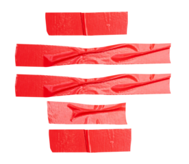 Top view set of wrinkled red adhesive vinyl tape or cloth tape in stripes shape isolated with clipping path in png file format