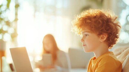 A family gathers in their living room, utilizing different devices for work and school, highlighting the flexibility of remote work and learning.