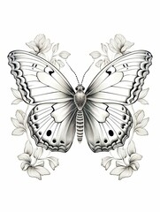 Detailed Pen and Ink Illustration of a Butterfly with Floral Surroundings