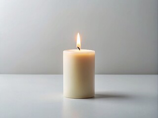 Single Lit White Candle Against Minimalist Blank Background Decor