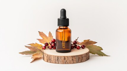 Fototapeta premium The amber glass bottle features a sleek black pump and dropper head, elegantly displayed on a wooden podium, surrounded by vibrant rowan berries, showcasing a minimalist aesthetic