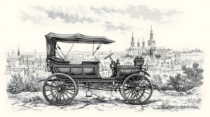 The intricately designed retro auto sits elegantly on a rocky outcrop, overlooking a picturesque city with historical architecture and a clear sky.