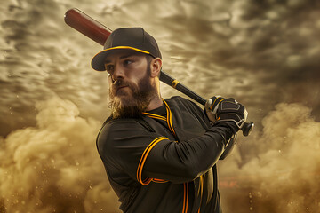 Baseball Player in Uniform Holding a Bat, Standing on a Field with a Smoky Background. Generative AI.