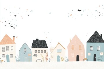 Whimsical village with colorful houses, snow, and falling stars