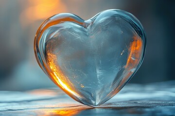 A translucent glass heart captures the warm glow of sunlight against a cool, blurred background, ideal for romantic, emotional, or love-themed designs and messaging,