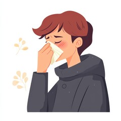 A person is seen wiping their nose with a tissue, showing signs of irritation. Their nose appears red, capturing the essence of a common cold in a simple vector style