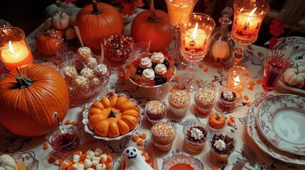 Festive Autumn Feast with Pumpkins and Desserts Display