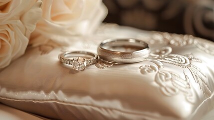Eternal Vows   Exquisite Wedding Rings on Satin Pillow Symbolizing Eternal Love and Commitment