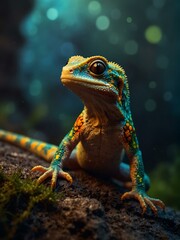 Vibrant gecko with glowing patterns in a mystical environment.