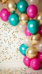 Colorful balloons in teal, pink, and gold create festive atmosphere, perfect for celebrations. backdrop features scattered confetti, enhancing joyful vibe of scene