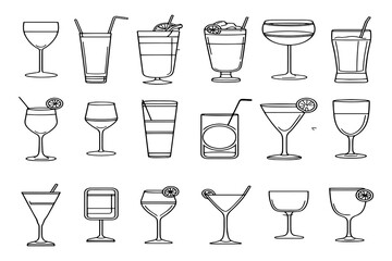 Line Art Collection of Cocktail Glasses Featuring Wine Glasses, Martini Glasses, Highball Glasses, and Tumbler Icons for Minimalist Bar and Beverage Design.

