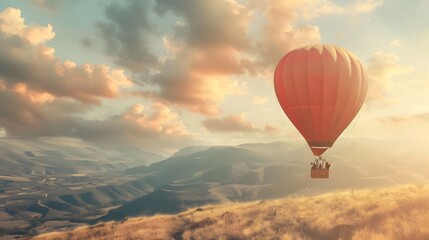 Obraz premium Couple Enjoying Breathtaking Hot Air Balloon Ride at Sunset over Picturesque Landscape