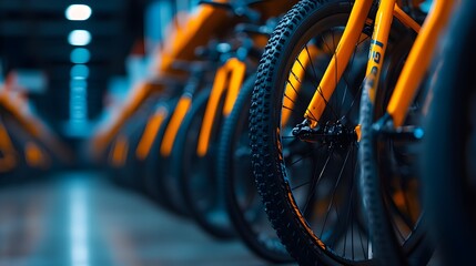 A vibrant display of orange bicycles lined up, showcasing their wheels in a sleek indoor setting with warm lighting.