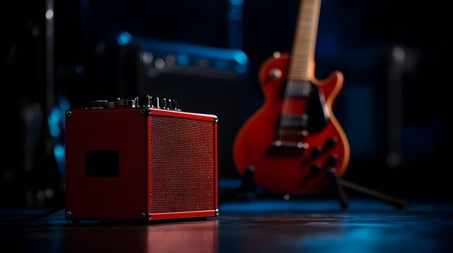 A red guitar amplifier sits in focus next to an electric guitar, bathed in soft blue lighting on a stage.