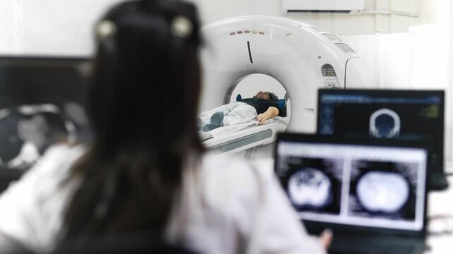 Specialists are diagnosing while watching monitors displaying brain scan results. In the background, a patient undergoes an MRI or CT scan, receiving essential medical care and attention.