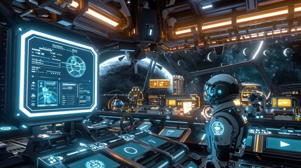 Futuristic Spaceship Interior with Astronaut