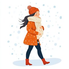 A joyful pregnant woman takes a winter stroll in the snow, warmly dressed in a cozy scarf and hat while smiling and gently holding her belly against a white backdrop