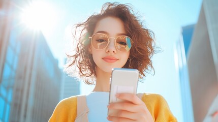 A young woman walks down the street, using her smartphone to deposit a check via a mobile banking app, showcasing the flexibility of online banking on the go.