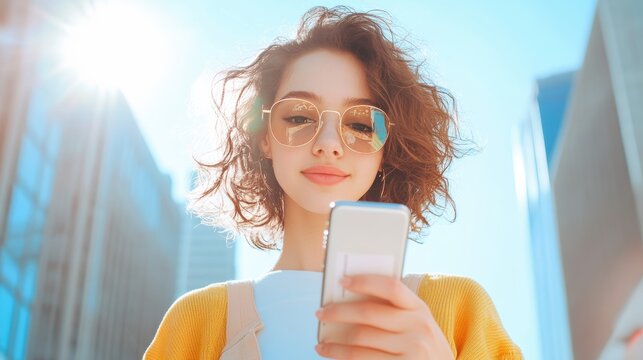 A young woman walks down the street, using her smartphone to deposit a check via a mobile banking app, showcasing the flexibility of online banking on the go.
